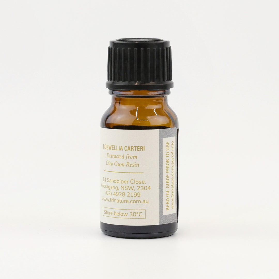 Tri Nature Frankincense Pure Essential Oil bottle, botanical name and storage details