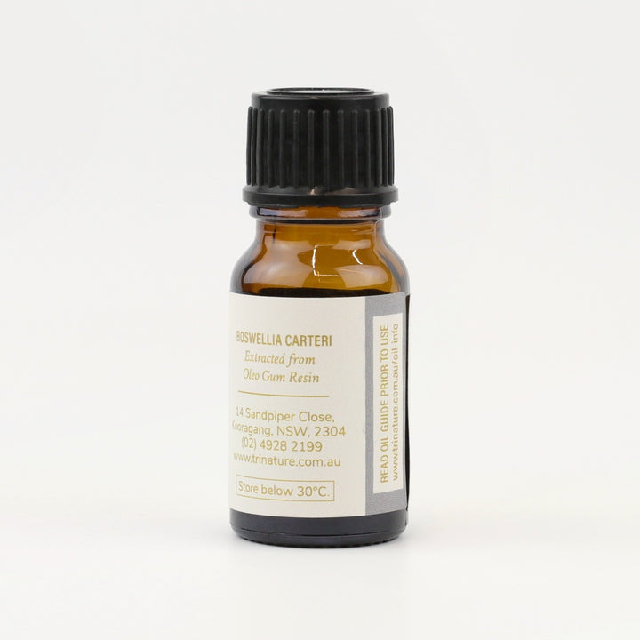 Tri Nature Frankincense Pure Essential Oil bottle, botanical name and storage details