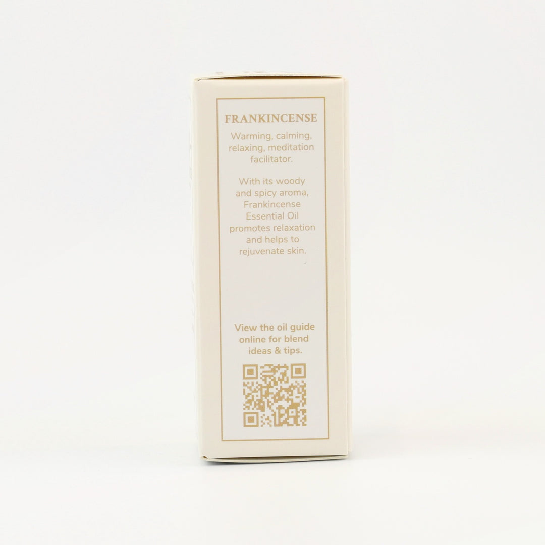 Tri Nature Frankincense Pure Essential Oil box, aroma description and oil guide QR code