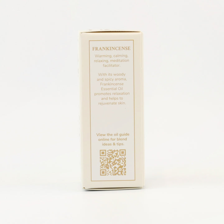 Tri Nature Frankincense Pure Essential Oil box, aroma description and oil guide QR code