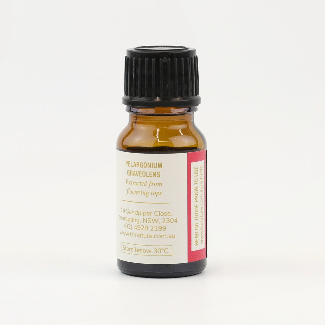 Tri Nature Geranium Pure Essential Oil bottle, botanical name and storage details