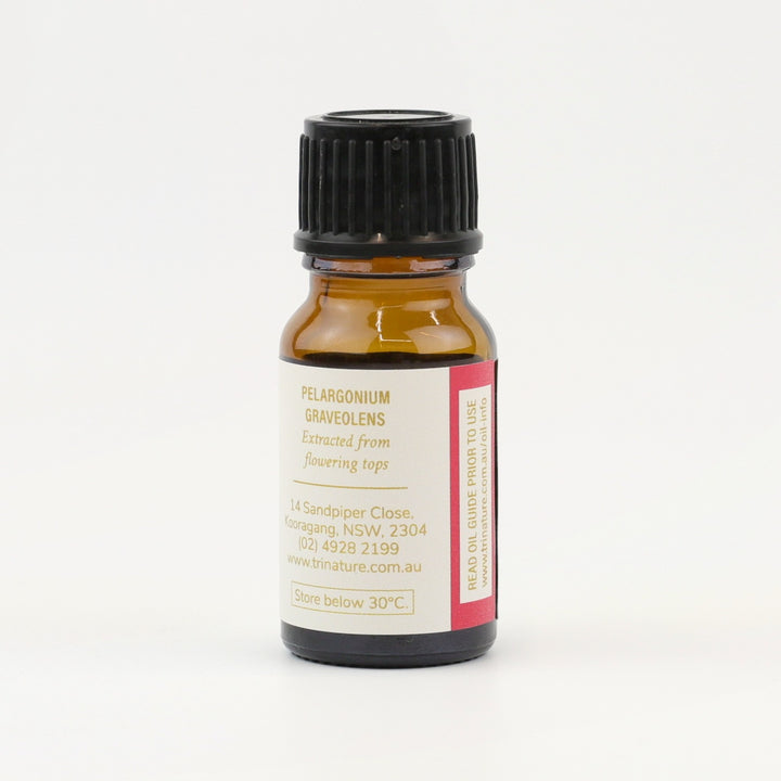 Tri Nature Geranium Pure Essential Oil bottle, botanical name and storage details