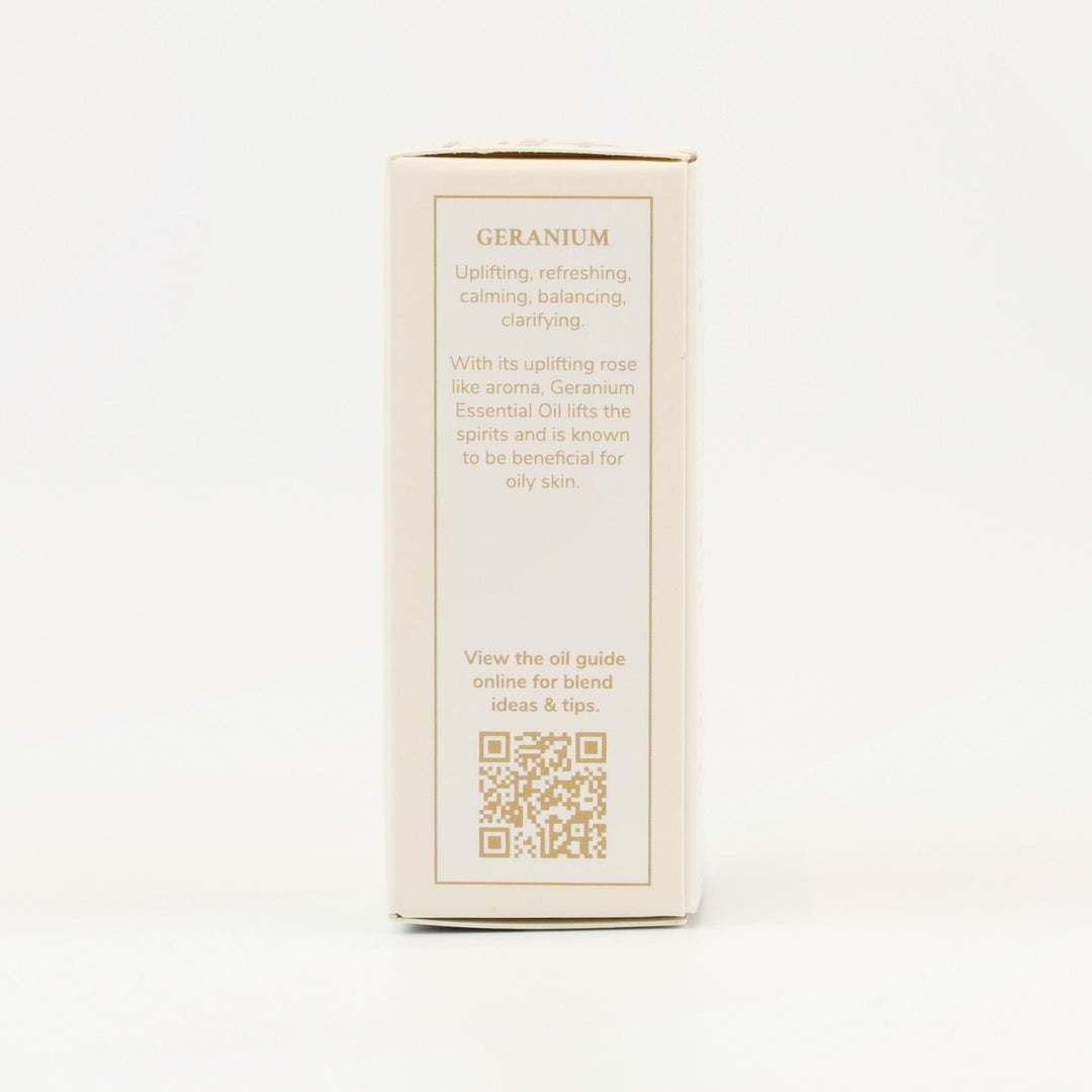 Tri Nature Geranium Pure Essential Oil box, aroma description and oil guide QR code