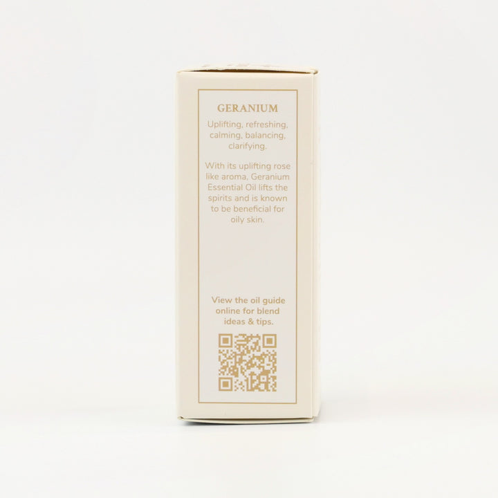 Tri Nature Geranium Pure Essential Oil box, aroma description and oil guide QR code