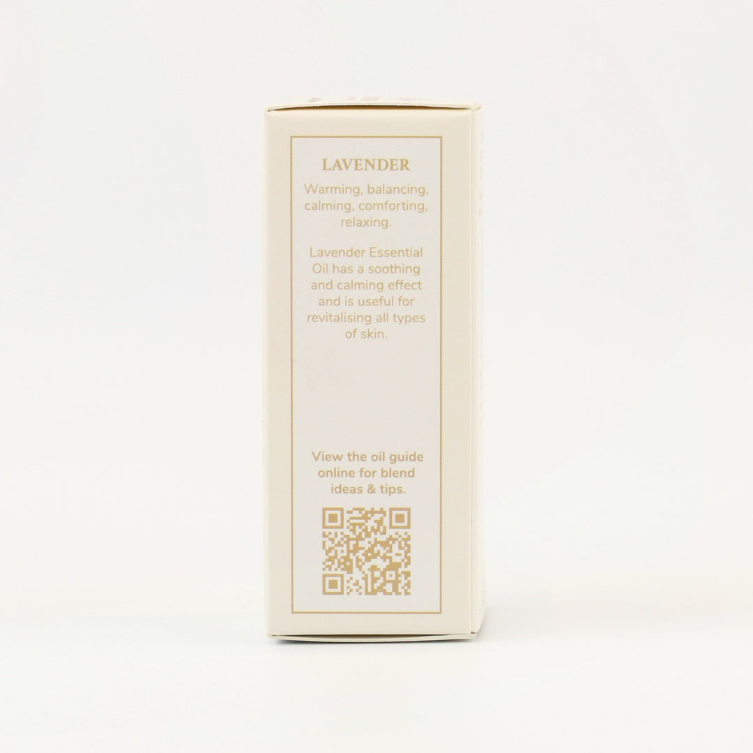 Tri Nature Lavender Pure Essential Oil box, aroma description and oil guide QR code