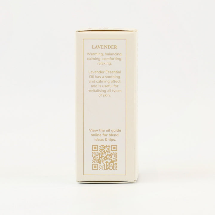 Tri Nature Lavender Pure Essential Oil box, aroma description and oil guide QR code