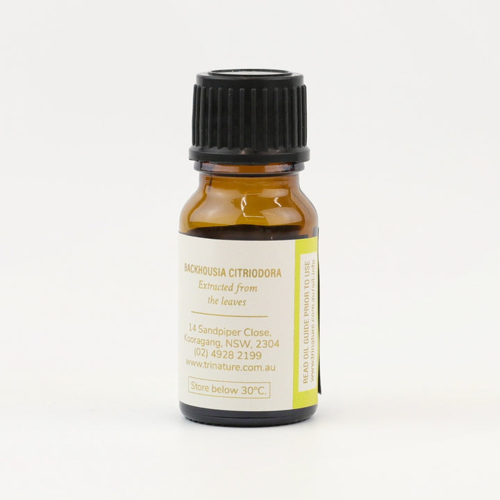 Tri Nature Lemon Myrtle Pure Essential Oil bottle, botanical name and storage details