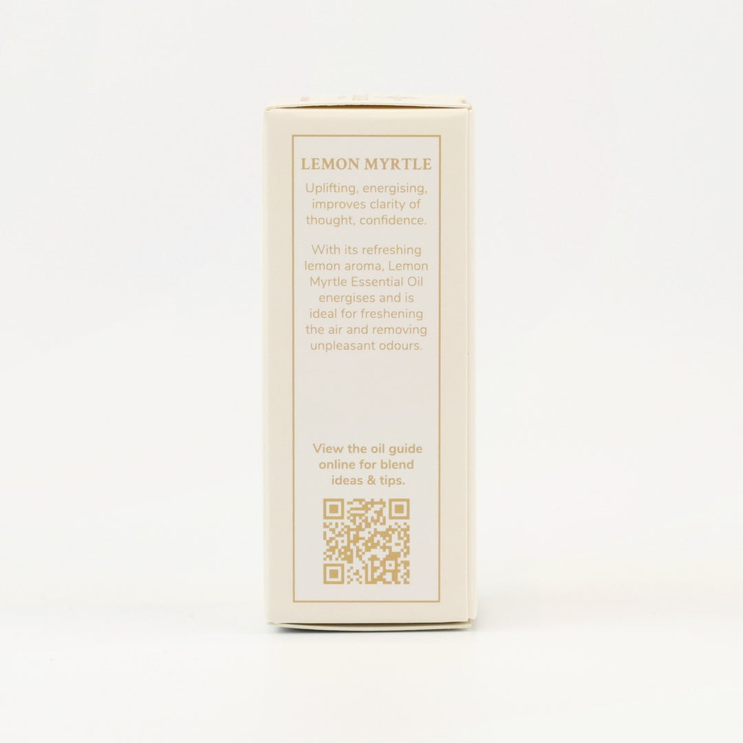 Tri Nature Lemon Myrtle Pure Essential Oil box, aroma description and oil guide QR code