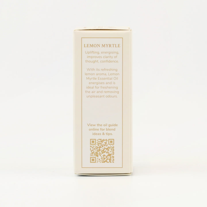 Tri Nature Lemon Myrtle Pure Essential Oil box, aroma description and oil guide QR code