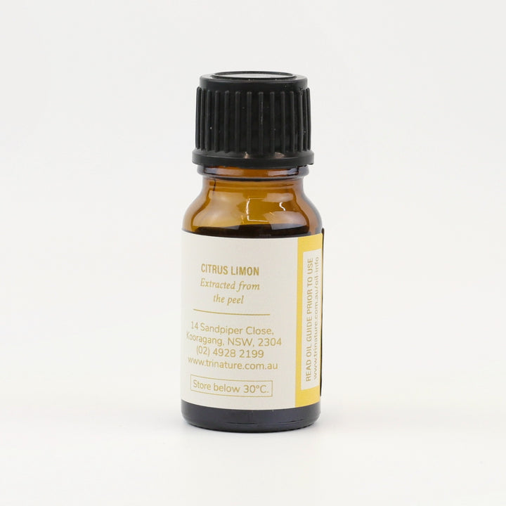 Tri Nature Lemon Pure Essential Oil bottle, botanical name and storage details