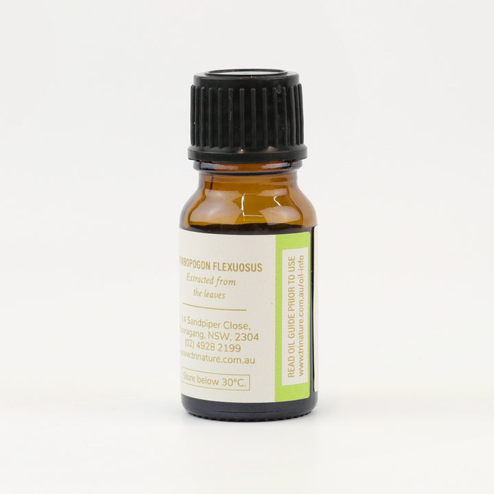 Tri Nature Lemongrass Pure Essential Oil bottle, botanical name and storage details