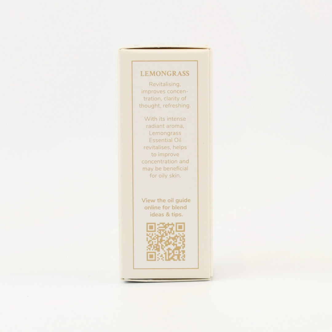 Tri Nature Lemongrass Pure Essential Oil box, aroma description and oil guide QR code