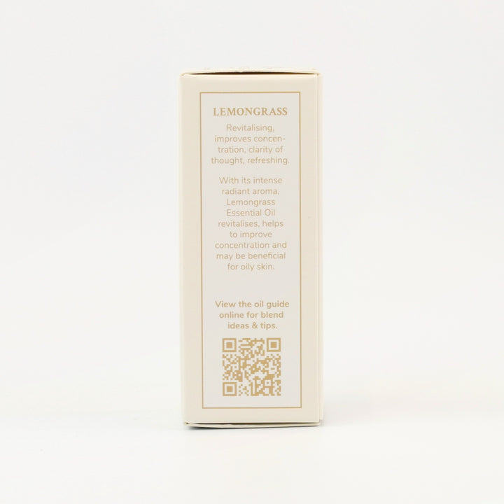 Tri Nature Lemongrass Pure Essential Oil box, aroma description and oil guide QR code