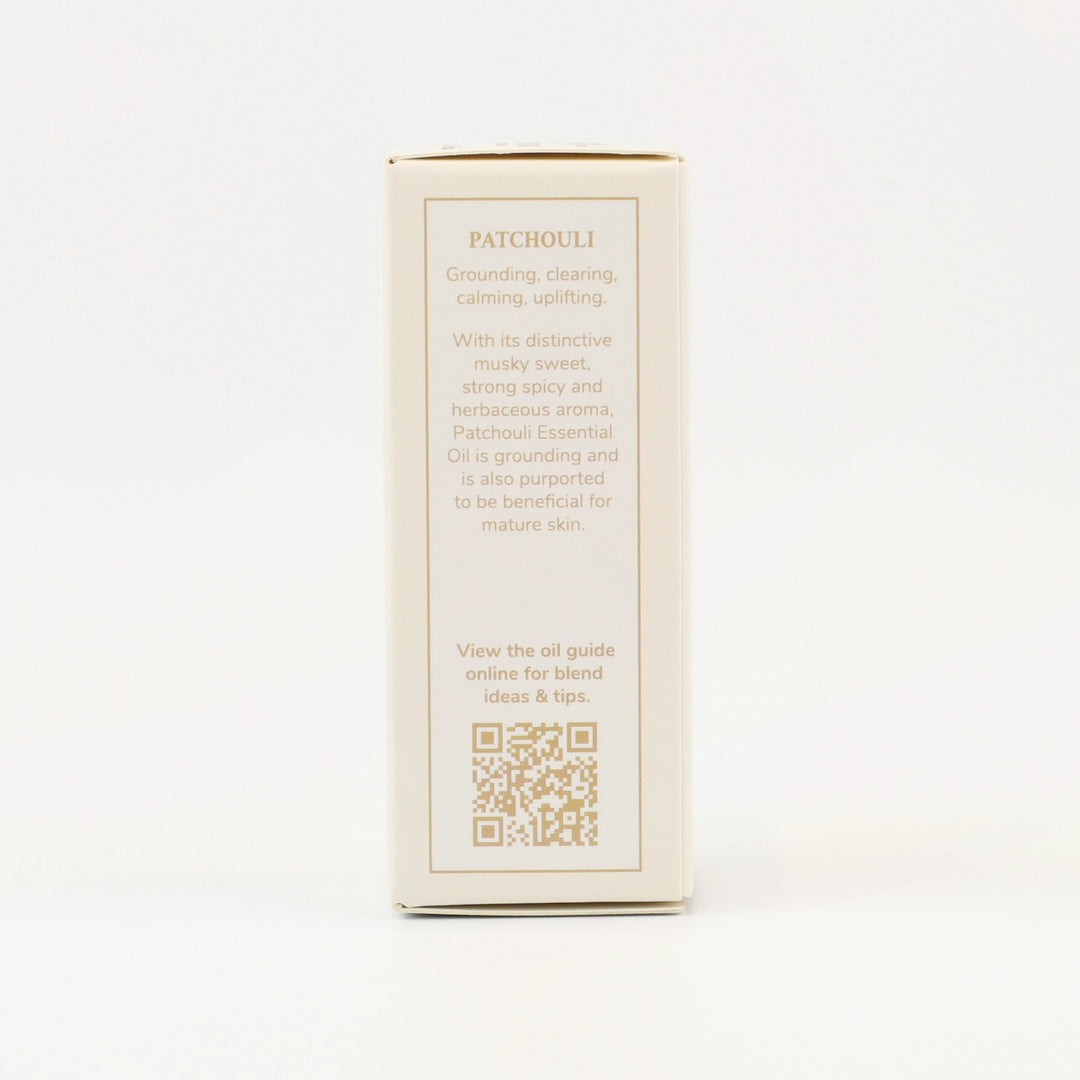 Tri Nature Patchouli Pure Essential Oil box, aroma description and oil guide QR code