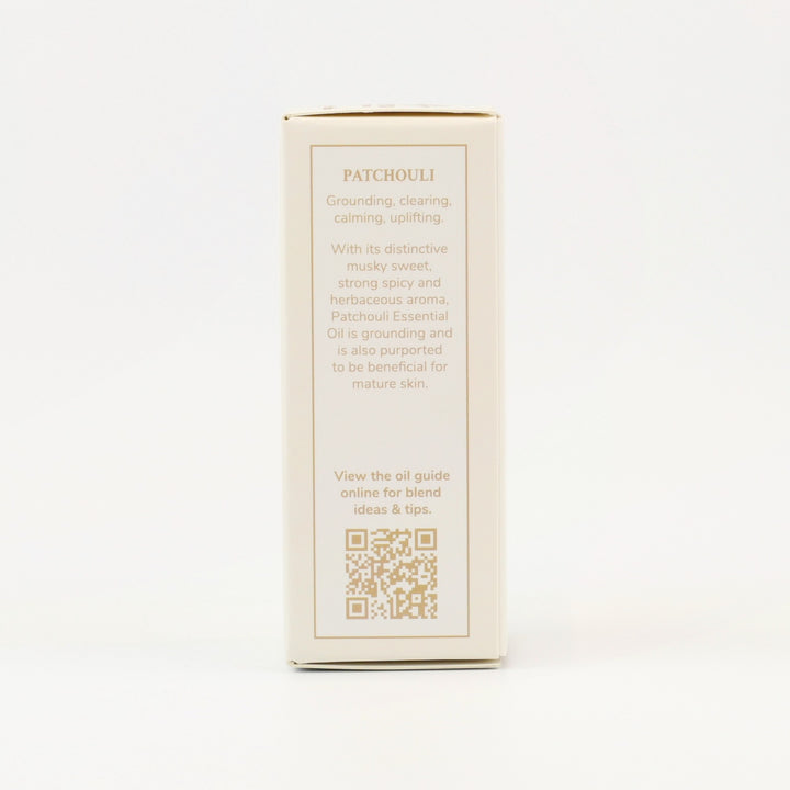 Tri Nature Patchouli Pure Essential Oil box, aroma description and oil guide QR code