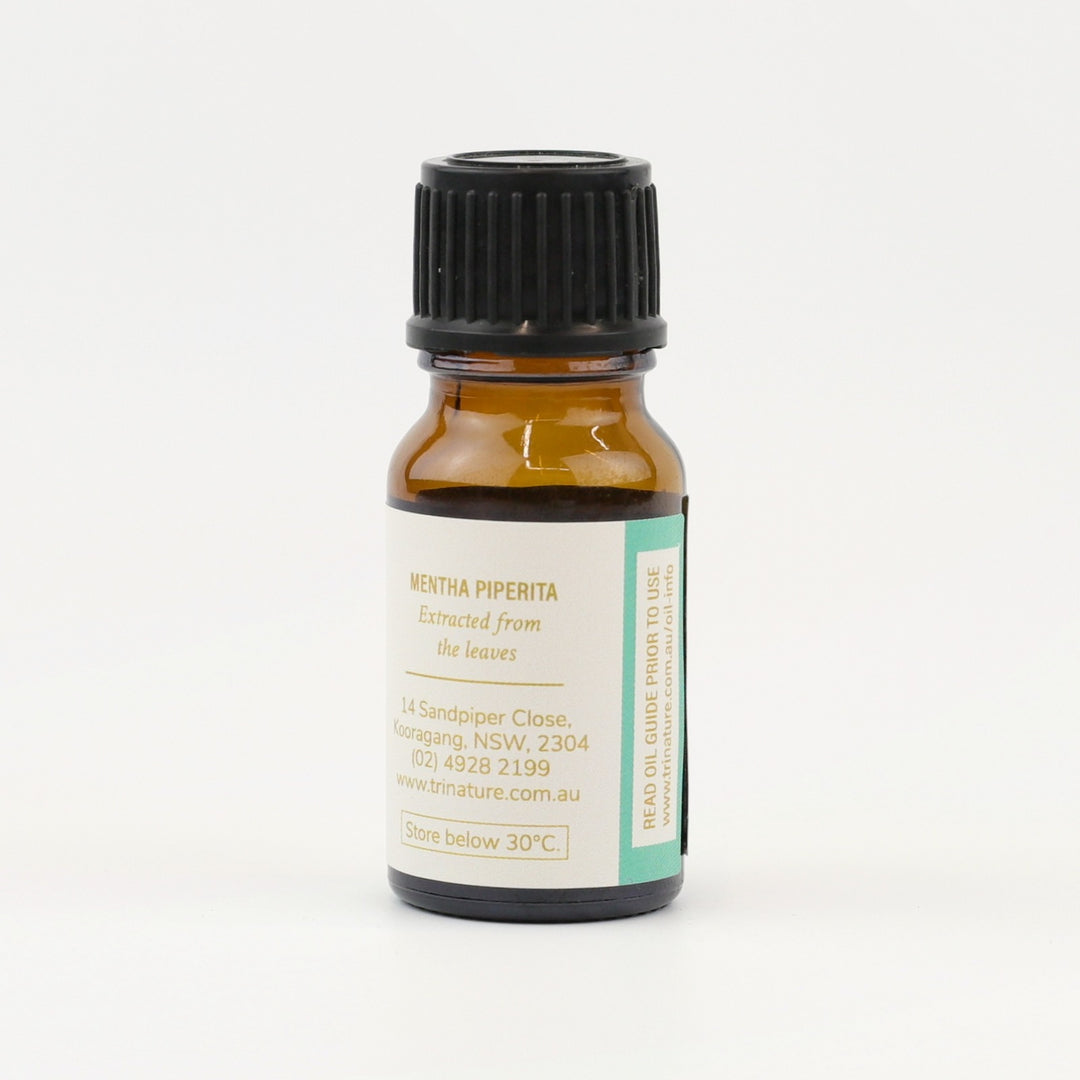 Tri Nature Peppermint Pure Essential Oil bottle, botanical name and storage details