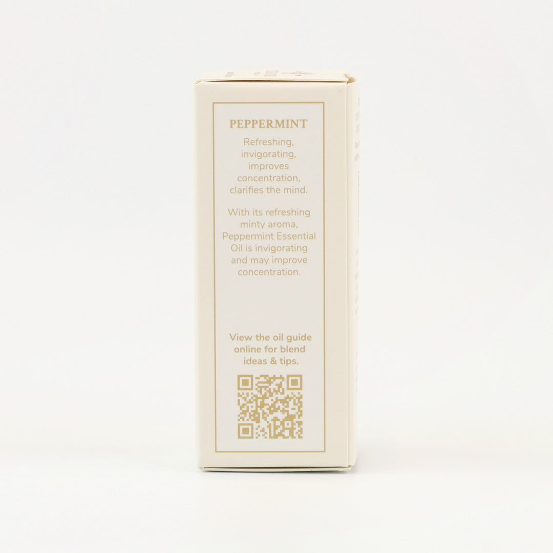 Tri Nature Peppermint Pure Essential Oil box, aroma description and oil guide QR code