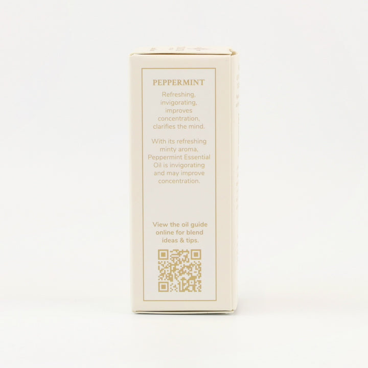Tri Nature Peppermint Pure Essential Oil box, aroma description and oil guide QR code