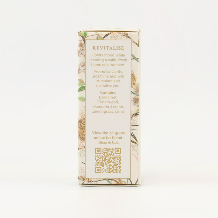 Tri Nature Revitalise Essential Oil Blend box, aroma description and oil guide QR code