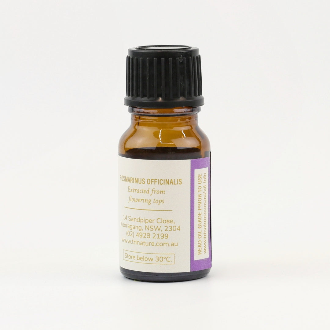 Tri Nature Rosemary Pure Essential Oil bottle, botanical name and storage details