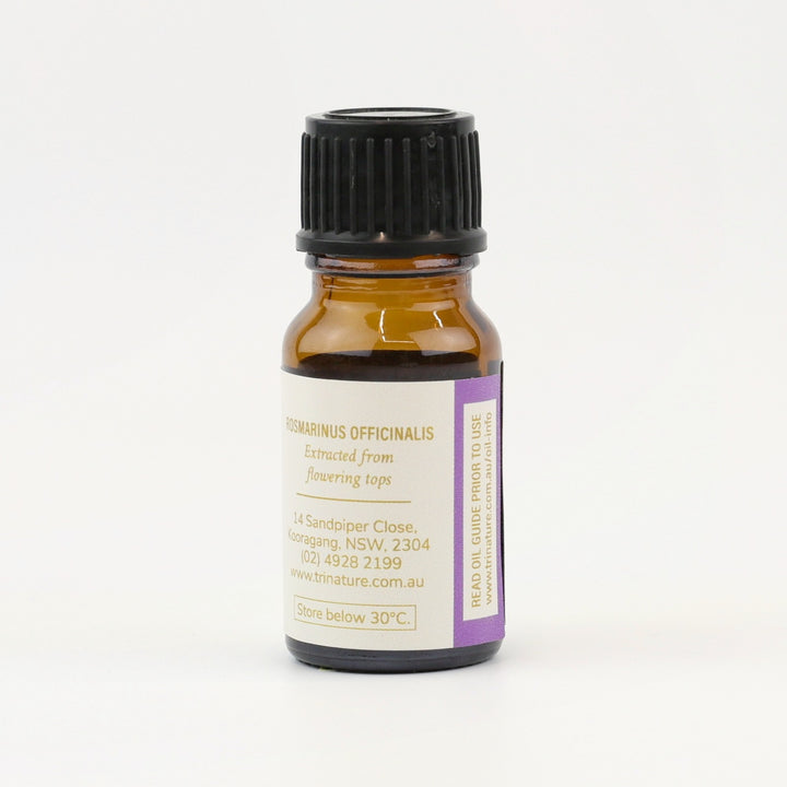 Tri Nature Rosemary Pure Essential Oil bottle, botanical name and storage details