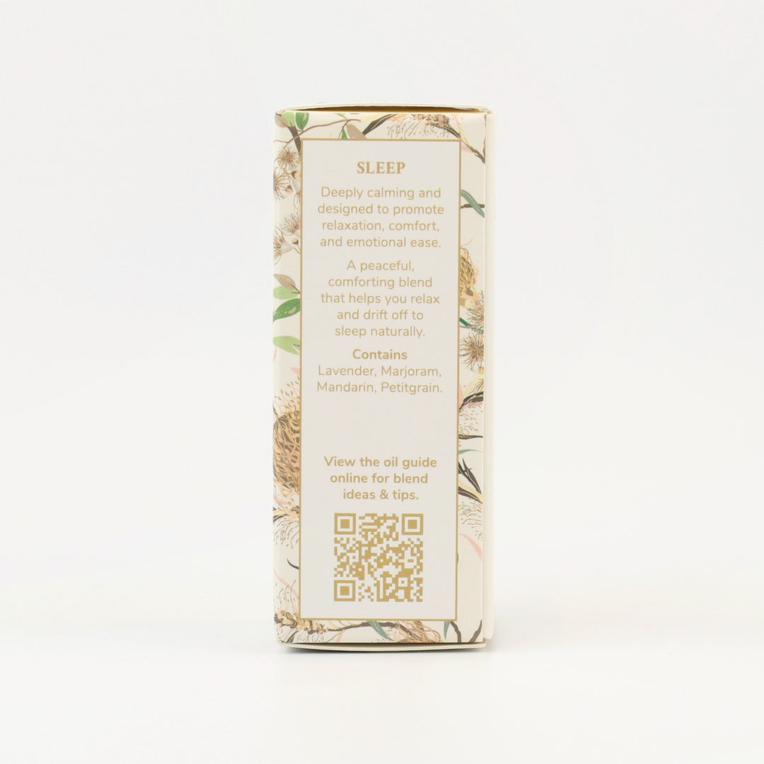 Tri Nature Sleep Essential Oil Blend box, aroma description and oil guide QR code