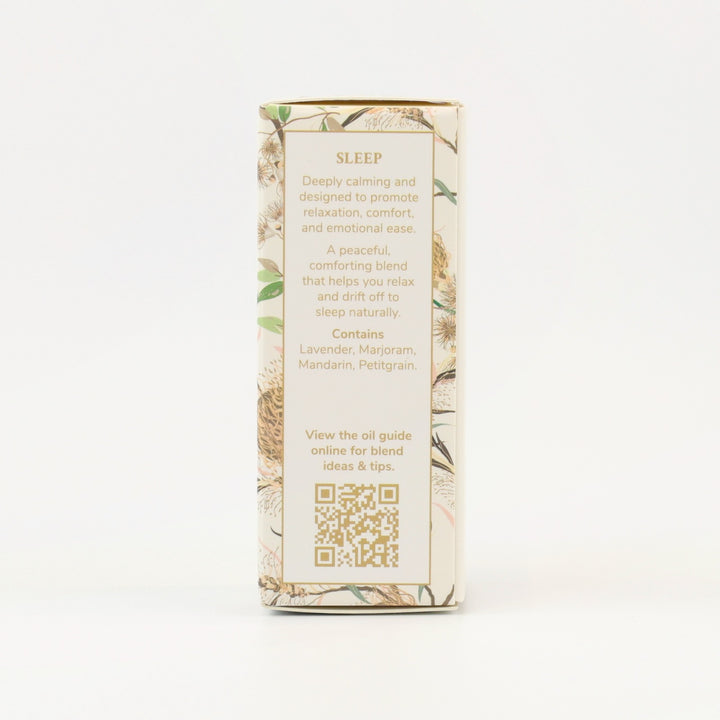 Tri Nature Sleep Essential Oil Blend box, aroma description and oil guide QR code
