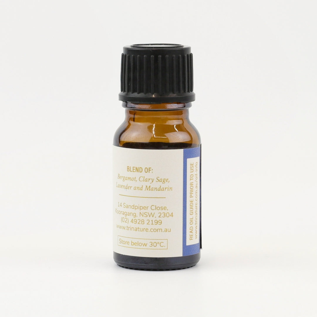 Tri Nature Stress-Free Essential Oil Blend bottle, blend of Bergamot, Clary Sage, Lavender and Mandarin