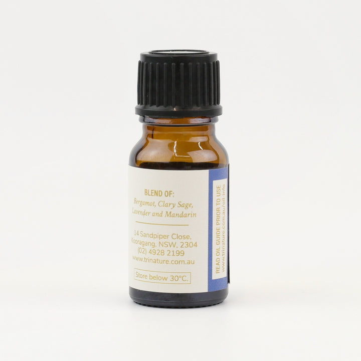 Tri Nature Stress-Free Essential Oil Blend bottle, blend of Bergamot, Clary Sage, Lavender and Mandarin