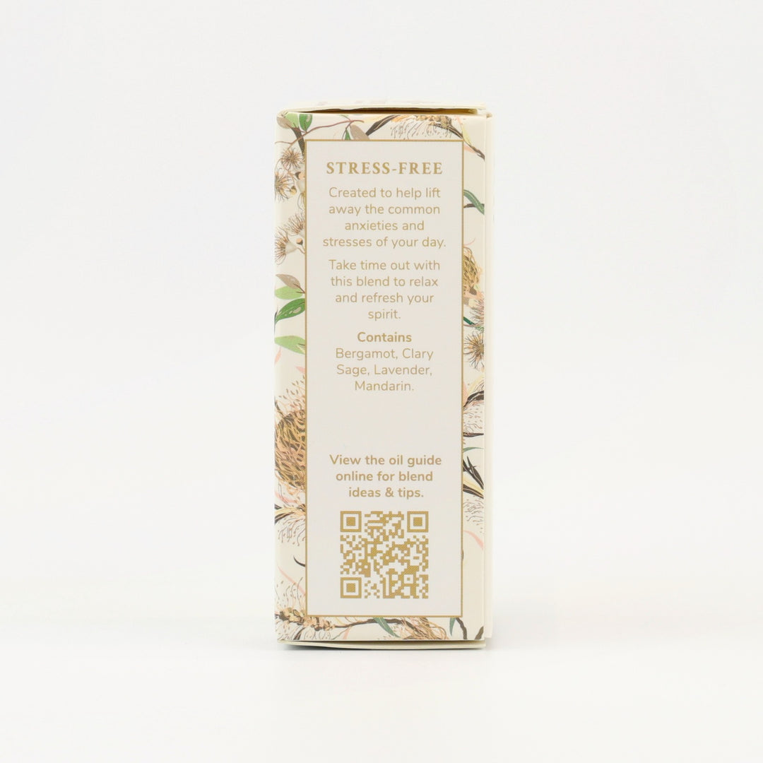 Tri Nature Stress-Free Essential Oil Blend box, aroma description and oil guide QR code