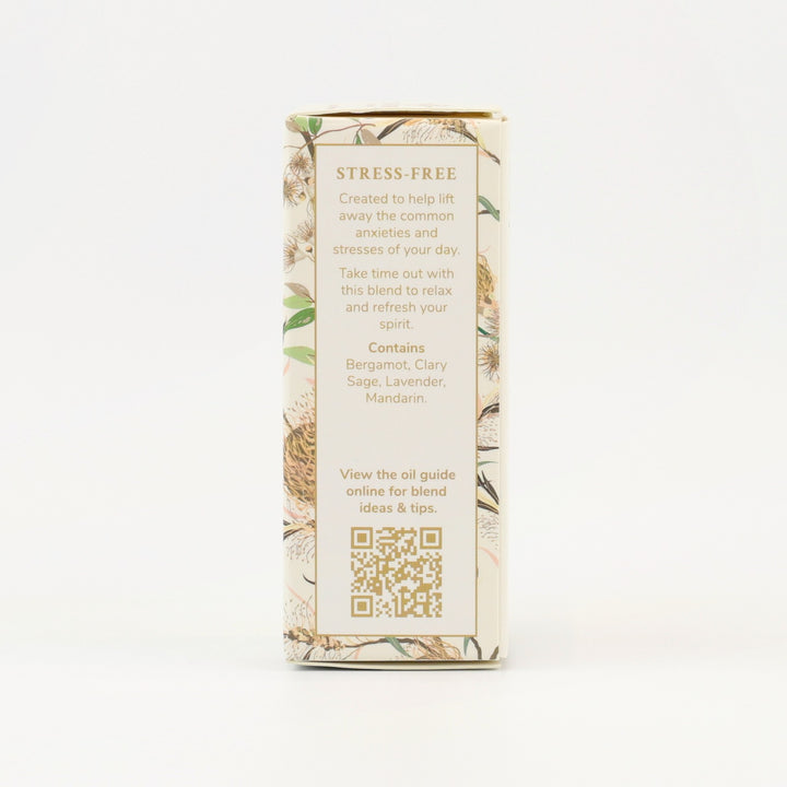 Tri Nature Stress-Free Essential Oil Blend box, aroma description and oil guide QR code
