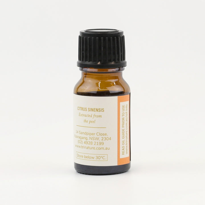 Tri Nature Sweet Orange Pure Essential Oil bottle, botanical name and storage details