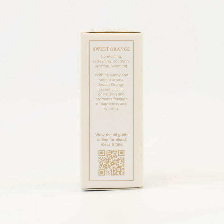 Tri Nature Sweet Orange Pure Essential Oil box, aroma description and oil guide QR code