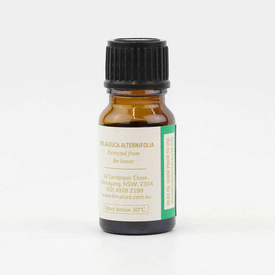 Tri Nature Tea Tree Pure Essential Oil bottle, botanical name and storage details