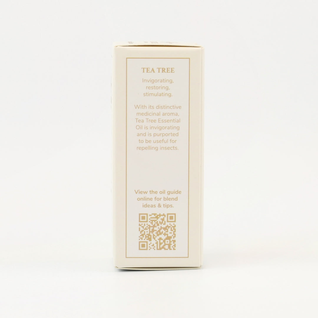 Tri Nature Tea Tree Pure Essential Oil box, aroma description and oil guide QR code