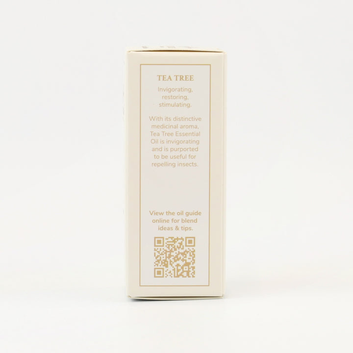 Tri Nature Tea Tree Pure Essential Oil box, aroma description and oil guide QR code