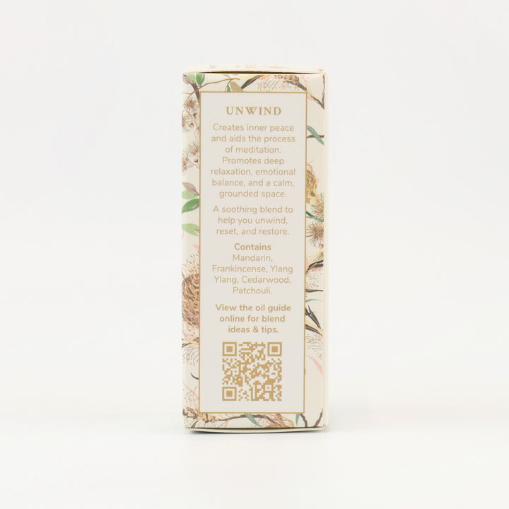 Tri Nature Unwind Essential Oil Blend box, aroma description and oil guide QR code