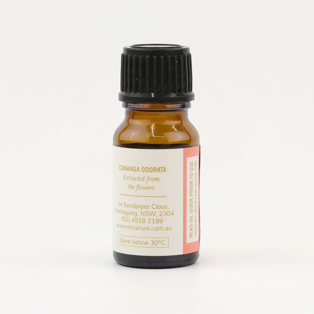 Tri Nature Ylang Ylang Pure Essential Oil bottle, botanical name and storage details