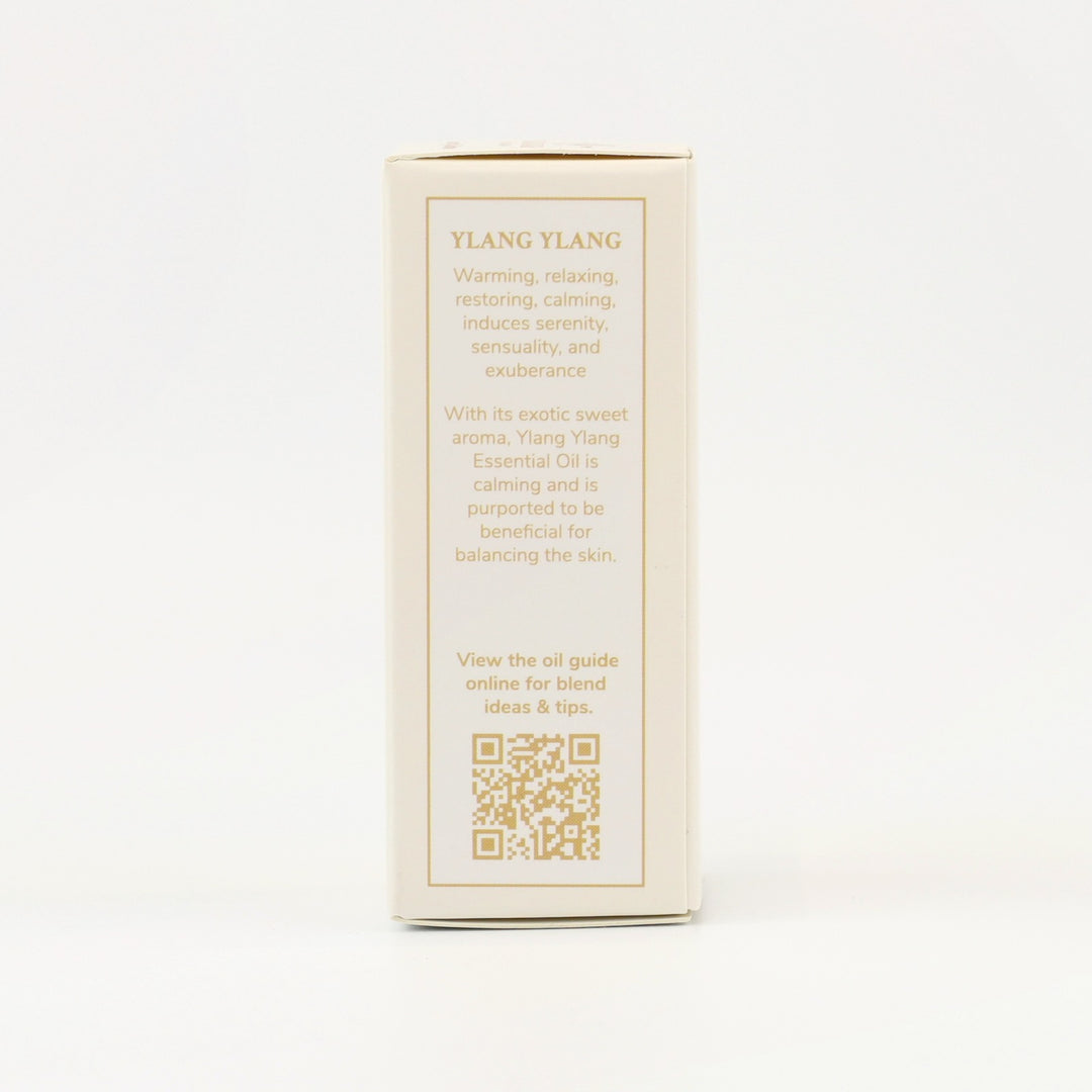 Tri Nature Ylang Ylang Pure Essential Oil box, aroma description and oil guide QR code