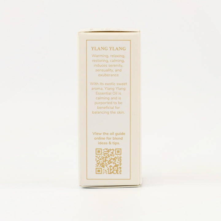 Tri Nature Ylang Ylang Pure Essential Oil box, aroma description and oil guide QR code