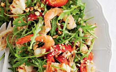 Vibrant barbequed Seafood prawn salad with Rocket, Capsicum and Hazelnuts