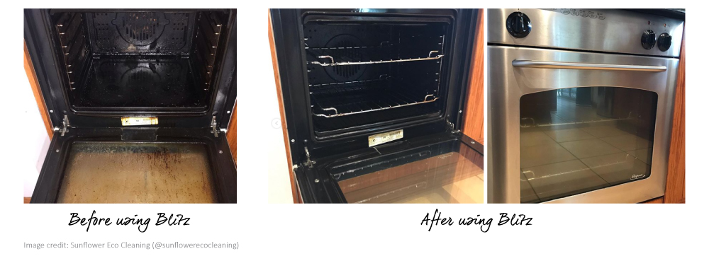 A dirty oven before using Blitz natural oven cleaner and after